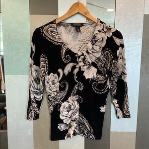 WHBM Black and White Floral Women's Cardigan Sweater w 3/4 Sleeves
